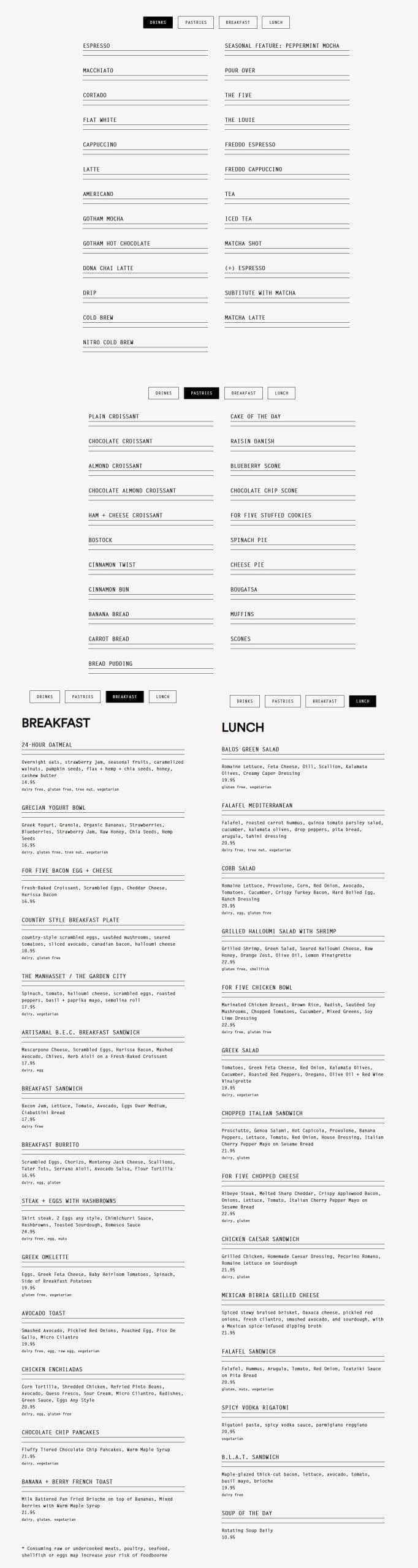 for five coffee brookfield place menu