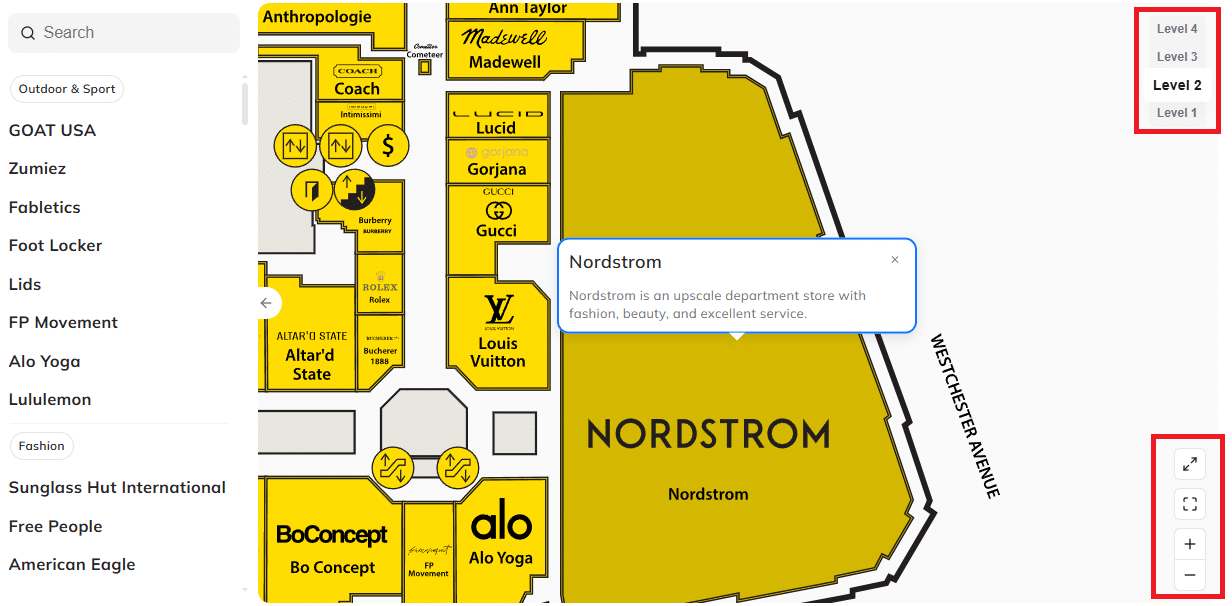 The Westchester directory map change level zoom