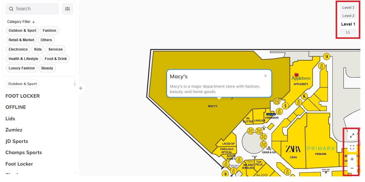 queens center mall directory map change level zoom