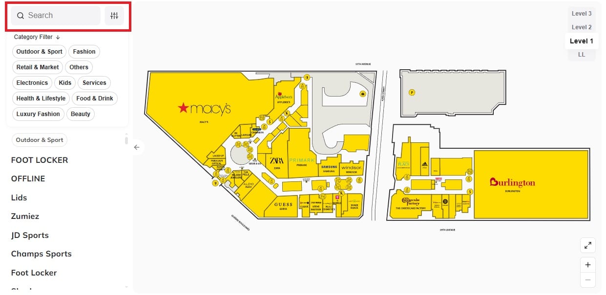 queens center mall directory map search